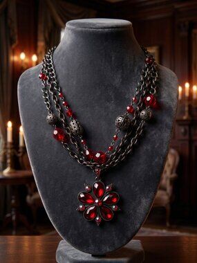 1928® Stunning Ruby Red Crystal Beaded Gunmetal Pendant Necklace Victorian Goth